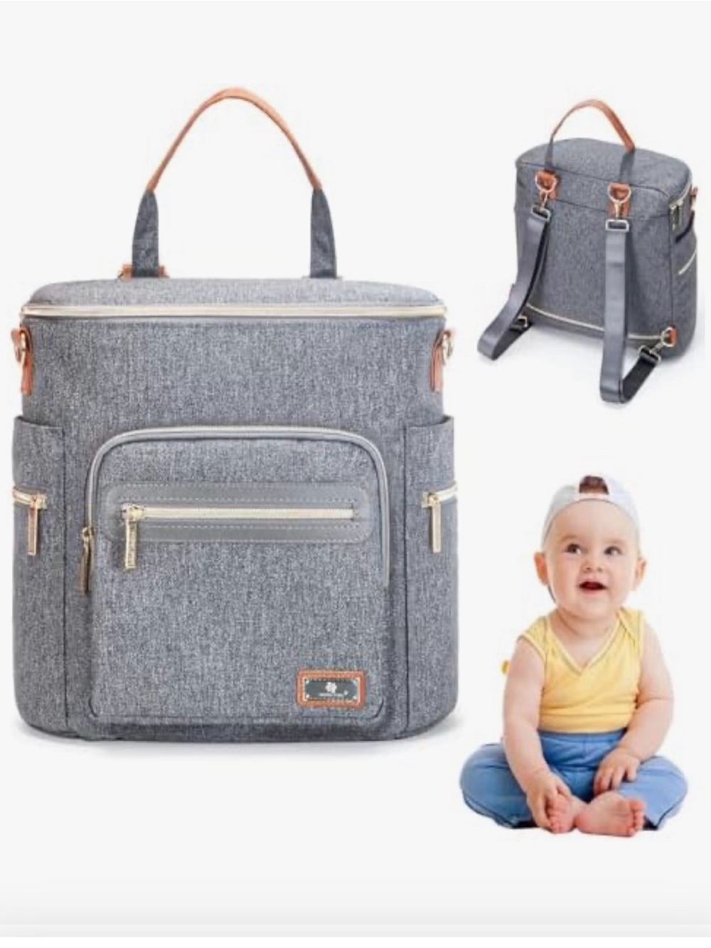 NWOT Homlynn Diaper Bag Backpack Gray Brown Convertible Multi Pocket